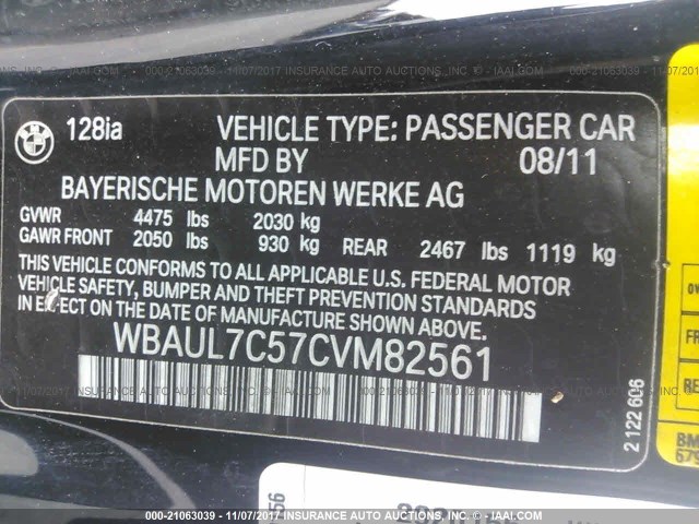 WBAUL7C57CVM82561 - 2012 BMW 128 I BLACK photo 9