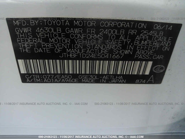 JTHBF1D24E5041667 - 2014 LEXUS IS 250 WHITE photo 9