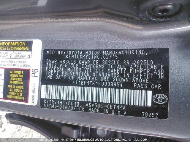 4T1BF1FK1FU038954 - 2015 TOYOTA CAMRY LE/XLE/SE/XSE GRAY photo 9