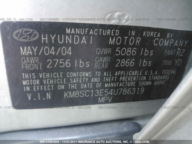 KM8SC13E54U786319 - 2004 HYUNDAI SANTA FE GLS/LX SILVER photo 9