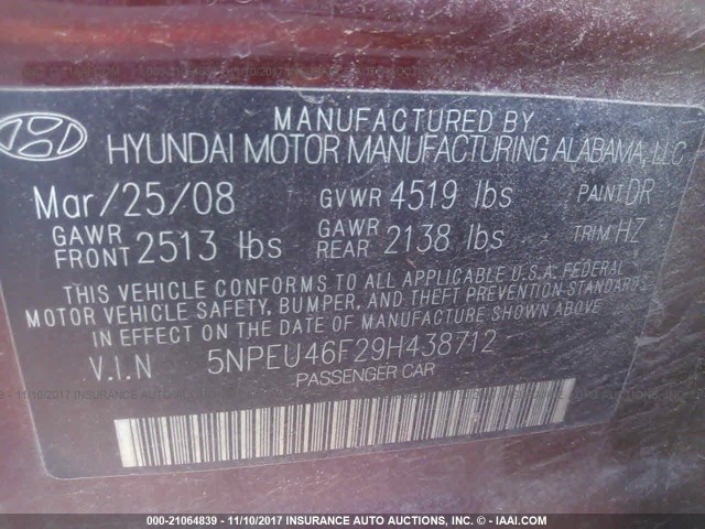 5NPEU46F29H438712 - 2009 HYUNDAI SONATA SE/LIMITED BURGUNDY photo 9