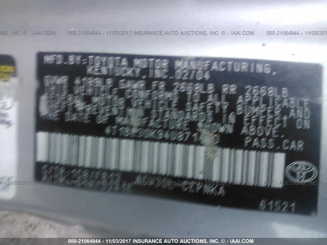 4T1BE30K94U871440 - 2004 TOYOTA CAMRY LE/XLE/SE ვერცხლისფერი ფოტო 9