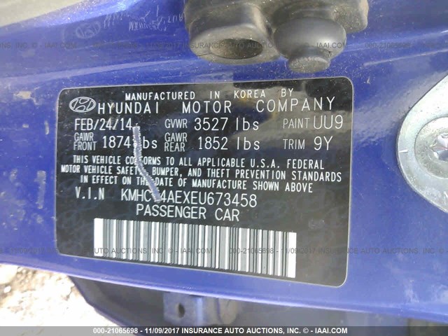 KMHCT4AEXEU673458 - 2014 HYUNDAI ACCENT GLS/GS BLUE photo 9