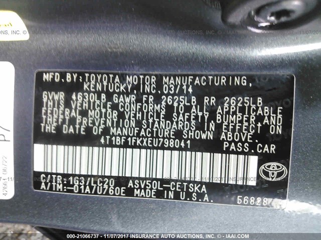 4T1BF1FKXEU798041 - 2014 TOYOTA CAMRY L/SE/LE/XLE Boz foto 9