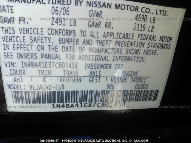 1N4BA41E87C805458 - 2007 NISSAN MAXIMA SE/SL BLACK photo 9