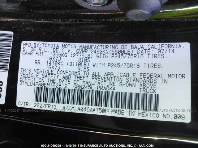 3TMLU4EN0EM162812 - 2014 TOYOTA TACOMA DOUBLE CAB შავი ფოტო 9
