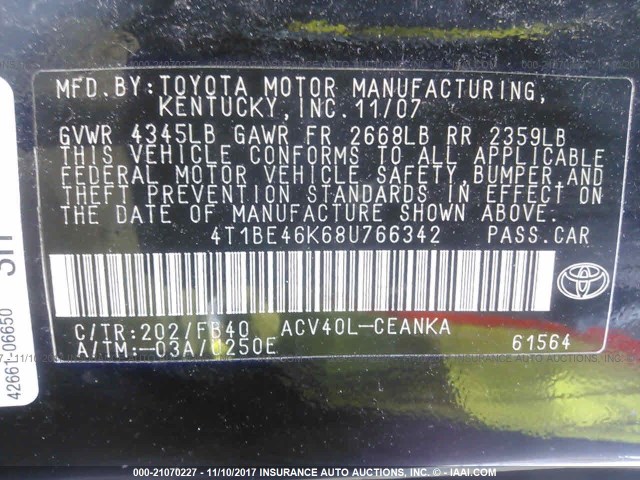 4T1BE46K68U766342 - 2008 TOYOTA CAMRY CE/LE/XLE/SE BLACK photo 9