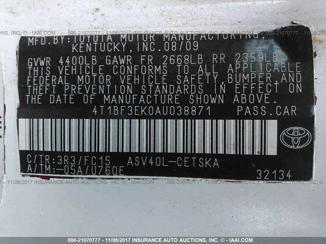 4T1BF3EK0AU038871 - 2010 TOYOTA CAMRY SE/LE/XLE 白色 照片 9