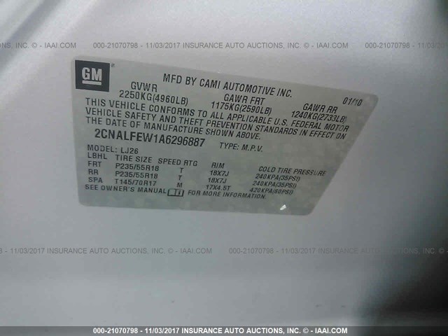 2CNALFEW1A6296887 - 2010 CHEVROLET EQUINOX LTZ SILVER photo 9