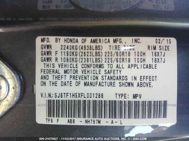 5J6TF1H5XFL001286 - 2015 HONDA CROSSTOUR EXL ნაცრისფერი ფოტო 9