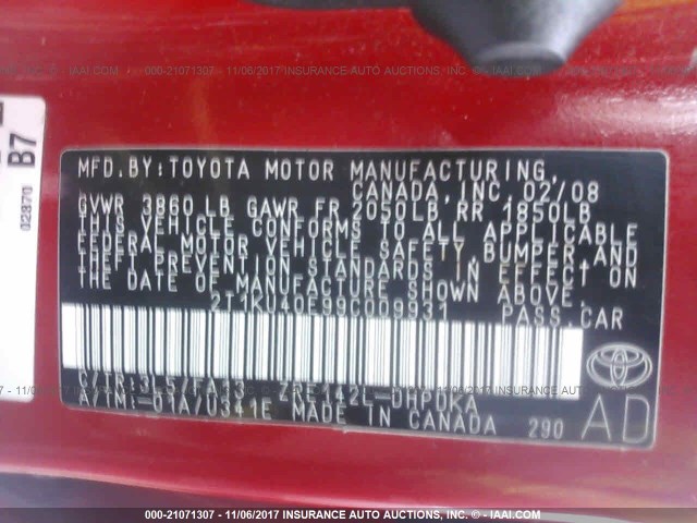 2T1KU40E99C009931 - 2009 TOYOTA COROLLA MATRIX  RED photo 9