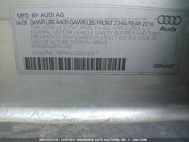 WAUNF78PX6A003261 - 2006 AUDI A3 2.0 PREMIUM SILVER photo 9