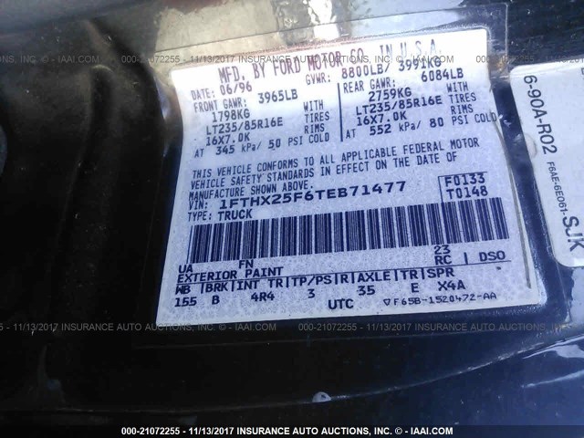 1FTHX25F6TEB71477 - 1996 FORD F250 BLACK photo 9