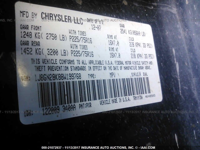 1J8GN28K88W199768 - 2008 JEEP LIBERTY SPORT 黑色 照片 9