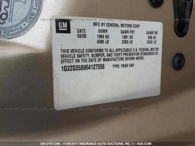 1G2ZG558964127558 - 2006 PONTIAC G6 SE1 TAN photo 9