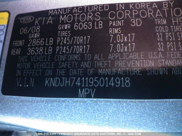 KNDJH741195014918 - 2009 KIA BORREGO LX/EX SILVER photo 9