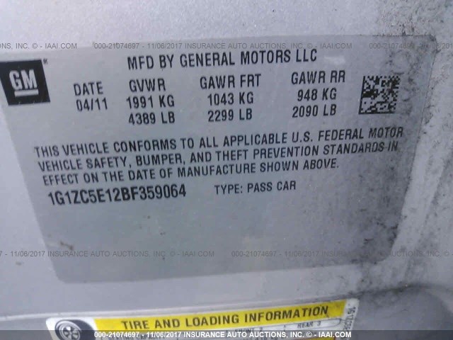 1G1ZC5E12BF359064 - 2011 CHEVROLET MALIBU 1LT 银色 照片 9