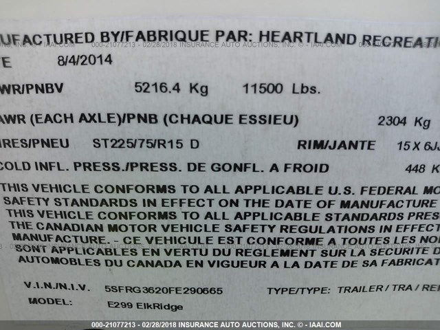 5SFRG3620FE290665 - 2015 HEARTLAND OTHER  白色 照片 9
