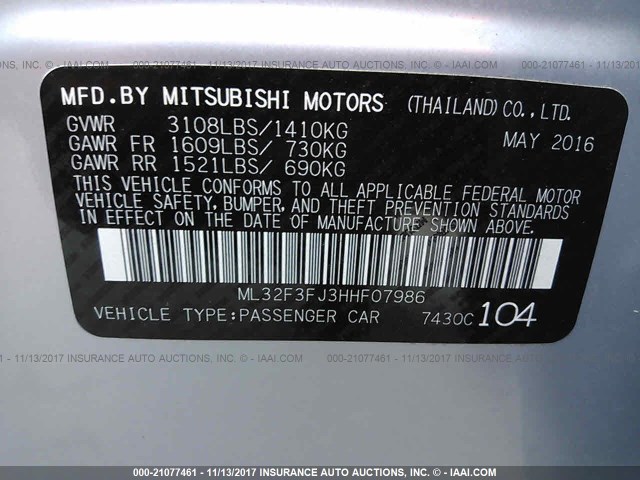 ML32F3FJ3HHF07986 - 2017 MITSUBISHI MIRAGE G4 ES Gümüş foto 9