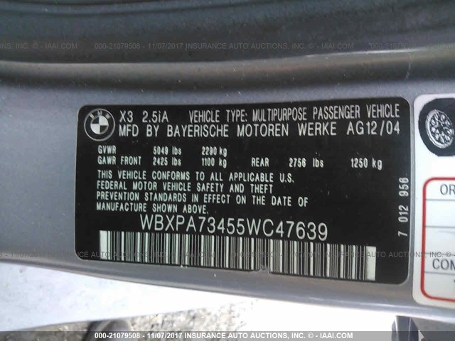 WBXPA73455WC47639 - 2005 BMW X3 2.5I GRAY photo 9