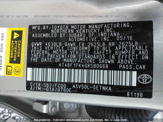 4T4BF1FK4GR580668 - 2016 TOYOTA CAMRY LE/XLE/SE/XSE 棕色 照片 9