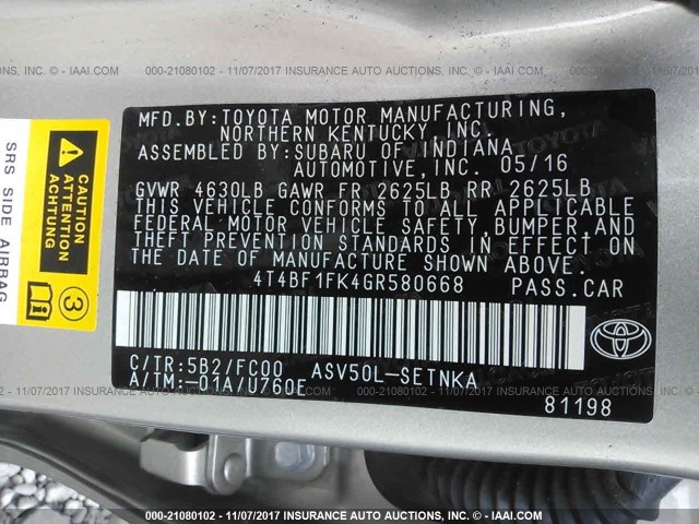 4T4BF1FK4GR580668 - 2016 TOYOTA CAMRY LE/XLE/SE/XSE TAN photo 9