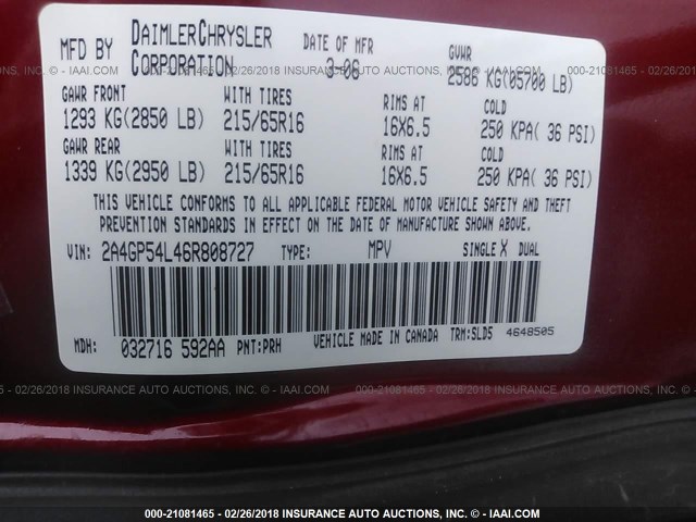 2A4GP54L46R808727 - 2006 CHRYSLER TOWN & COUNTRY TOURING MAROON photo 9