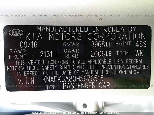 KNAFK5A80H5676515 - 2017 KIA FORTE LX SILVER photo 9