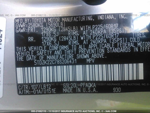 5TDZK22C78S206431 - 2008 TOYOTA SIENNA XLE/XLE LIMITED GRAY photo 9