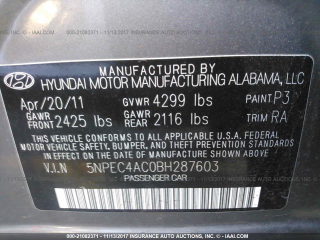 5NPEC4AC0BH287603 - 2011 HYUNDAI SONATA SE/LIMITED GRAY photo 9