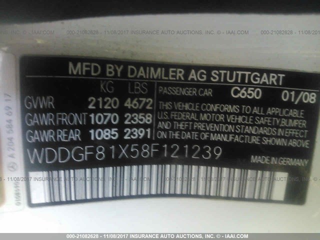 WDDGF81X58F121239 - 2008 MERCEDES-BENZ C 300 4MATIC WHITE photo 9