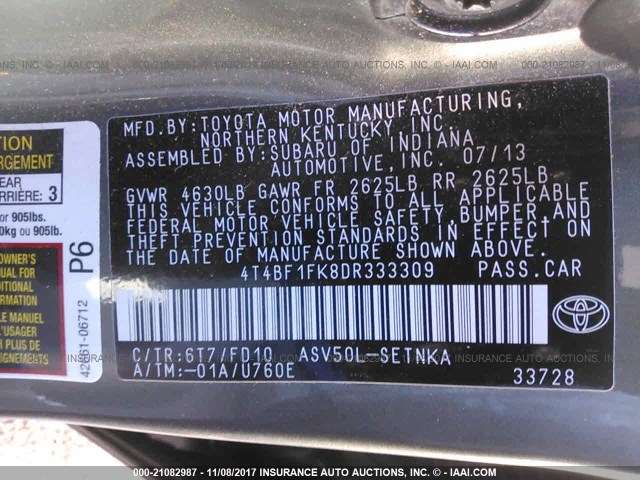 4T4BF1FK8DR333309 - 2013 TOYOTA CAMRY L/SE/LE/XLE GRAY photo 9