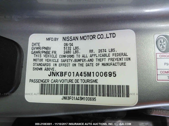 JNKBF01A45M100695 - 2005 INFINITI Q45 SILVER photo 9