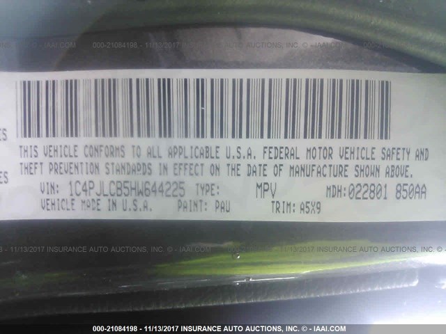 1C4PJLCB5HW644225 - 2017 JEEP CHEROKEE LATITUDE Boz foto 9