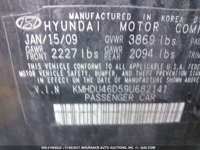 KMHDU46D59U682141 - 2009 HYUNDAI ELANTRA GLS/SE BLACK photo 9