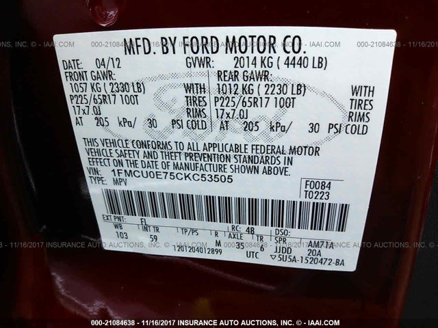 1FMCU0E75CKC53505 - 2012 FORD ESCAPE LIMITED RED photo 9