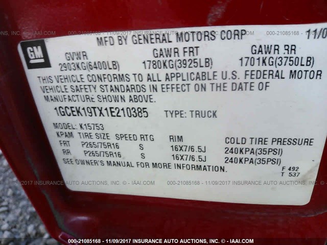 1GCEK19TX1E210385 - 2001 CHEVROLET SILVERADO K1500 RED photo 9