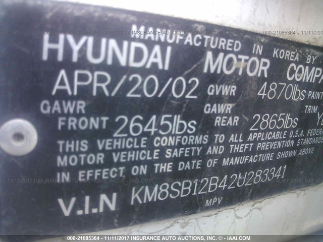 KM8SB12B42U283341 - 2002 HYUNDAI SANTA FE GL WHITE photo 9