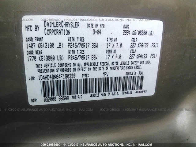 1D4HD48N04F190399 - 2004 DODGE DURANGO SLT GOLD photo 9