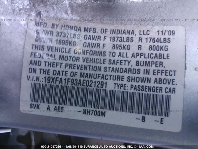 19XFA1F93AE021291 - 2010 HONDA CIVIC EXL SILVER photo 9