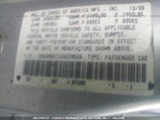 1HGCM56137A078549 - 2007 HONDA ACCORD VALUE SILVER photo 9