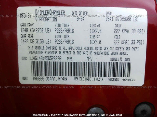 1J4GL48K05W528736 - 2005 JEEP LIBERTY SPORT Qırmızı foto 9