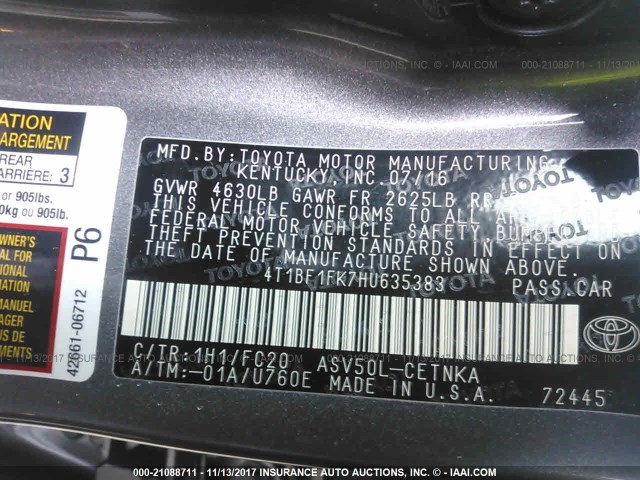 4T1BF1FK7HU635383 - 2017 TOYOTA CAMRY LE/XLE/SE/XSE GRAY photo 9