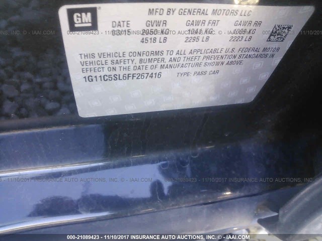 1G11C5SL6FF267416 - 2015 CHEVROLET MALIBU 1LT BLACK photo 9