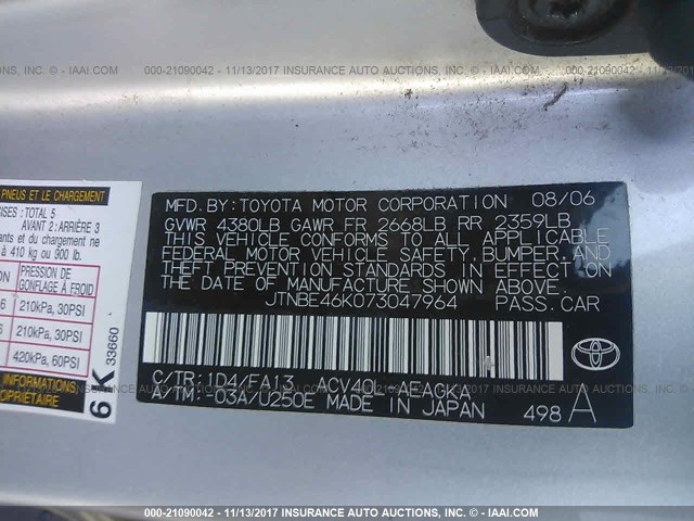 JTNBE46K073047964 - 2007 TOYOTA CAMRY NEW GENERAT CE/LE/XLE/SE SILVER photo 9