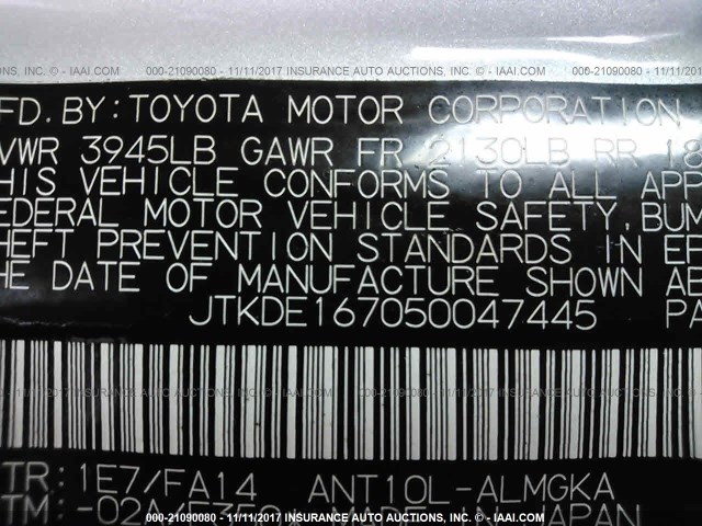 JTKDE167050047445 - 2005 TOYOTA SCION TC 银色 照片 9