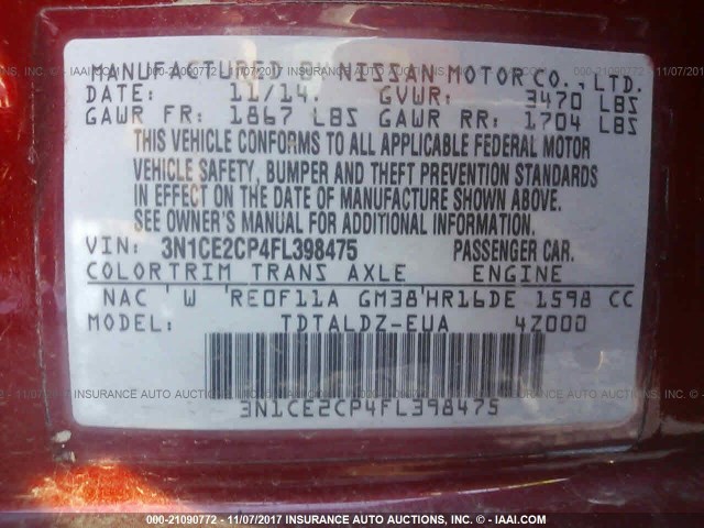 3N1CE2CP4FL398475 - 2015 NISSAN VERSA NOTE S/S PLUS/SV/SL/SR RED photo 9