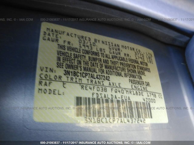 3N1BC1CP7AL437242 - 2010 NISSAN VERSA S/SL BLUE photo 9