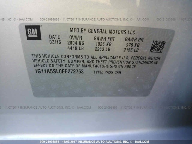 1G11A5SL0FF272763 - 2015 CHEVROLET MALIBU LS ვერცხლისფერი ფოტო 9