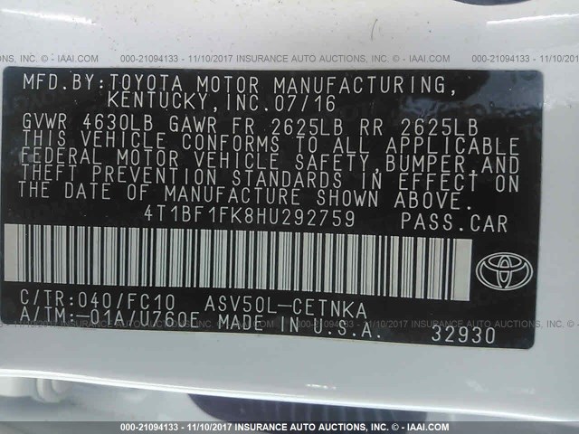 4T1BF1FK8HU292759 - 2017 TOYOTA CAMRY LE/XLE/SE/XSE WHITE photo 9